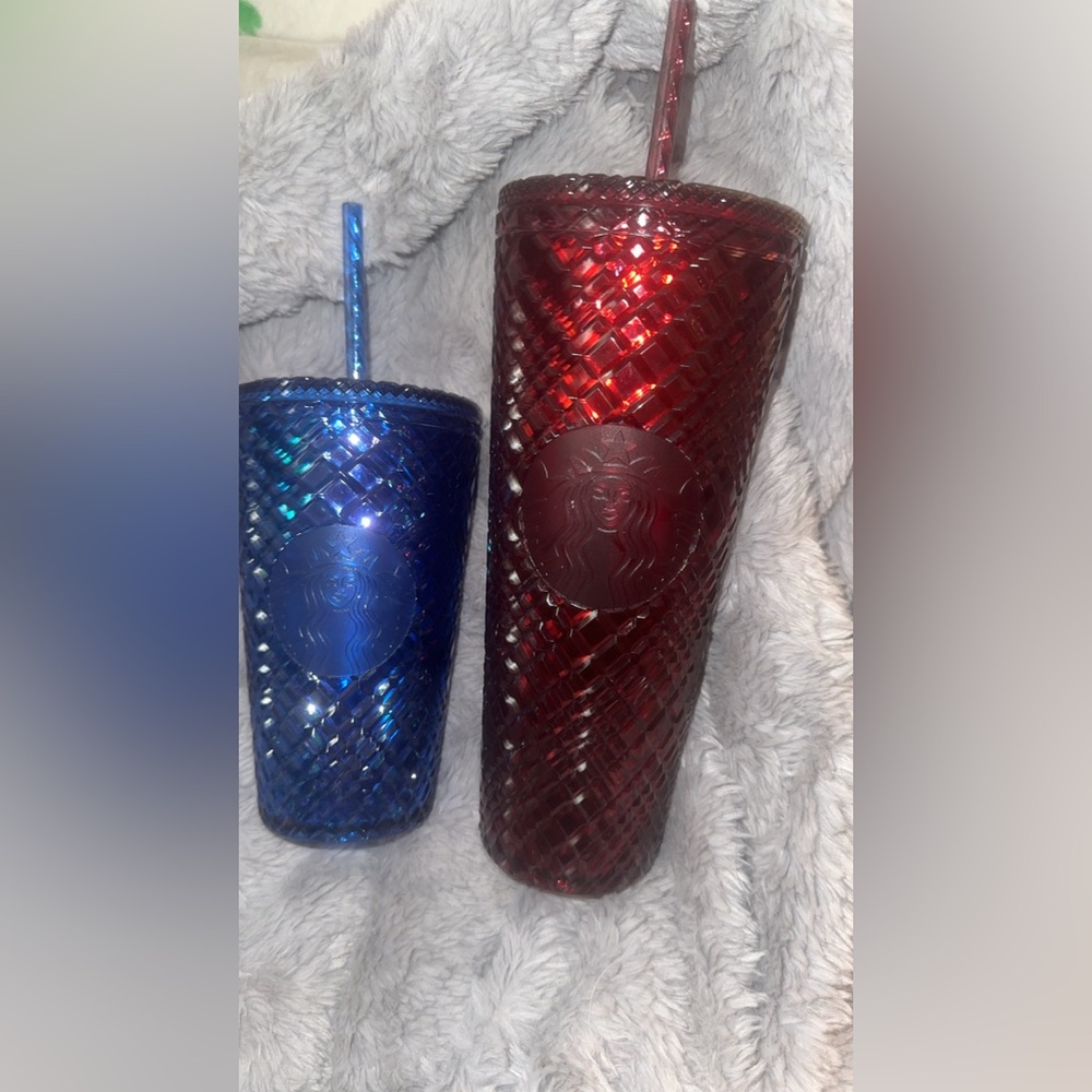 Starbucks Red and Blue Textured Studded Cold Cups with Lids & Straws